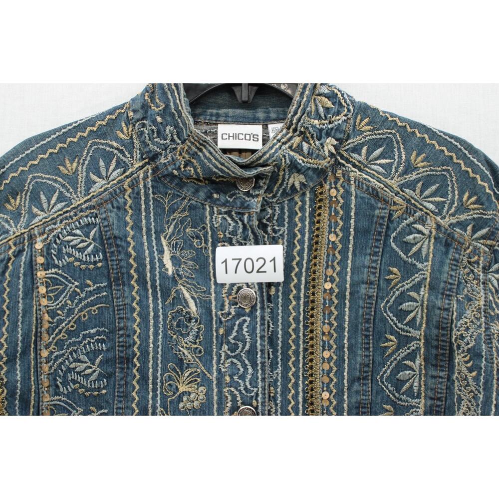 Chico’s Heavily Embroidered Denim Jacket Women 3 XL Blue Boho Artisan Western - Picture 6 of 6
